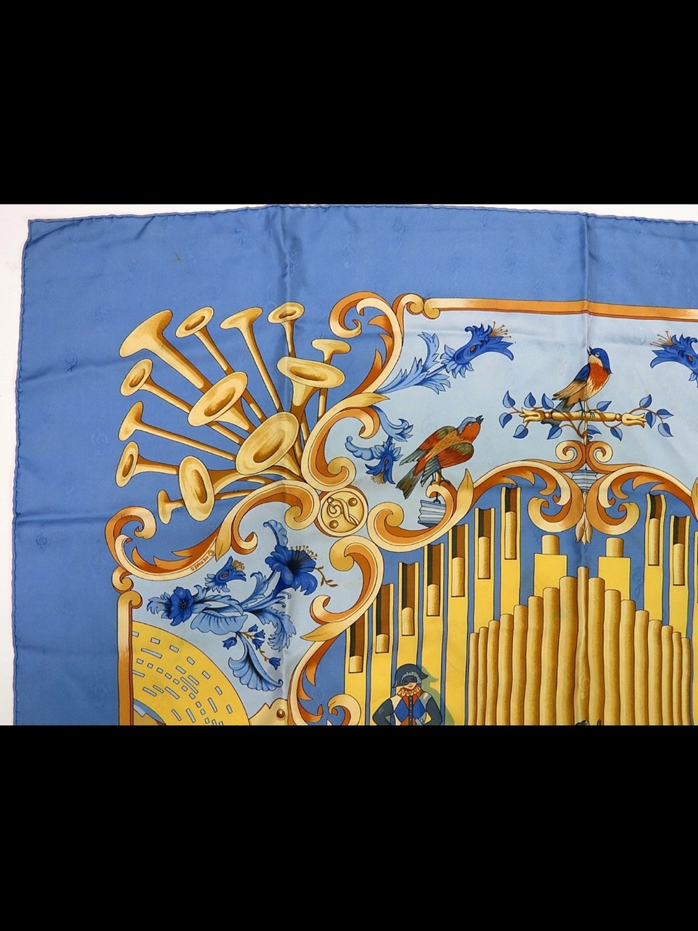 Hermes Blue and Gold Organ-Themed Silk Scarf - Picture 2 of 12